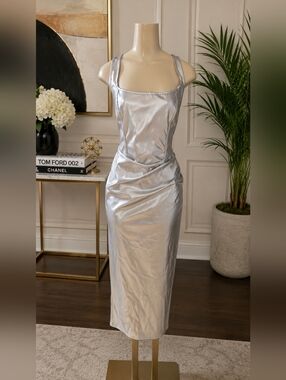 A Classy Chic Boutique Silver Satin Maxi Dress